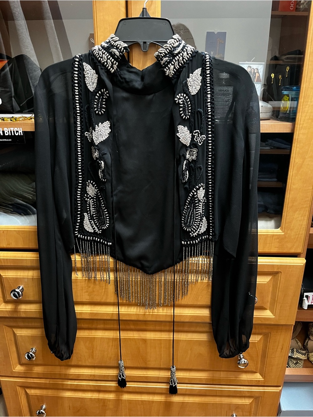 Haut hippie Embellished Black Sheer Blouse with Beaded Fringe (xs)